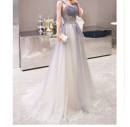 Spaghetti Strap Sweetheart Neckline Rhinestone Gradient Mesh A-Line Evening Gown