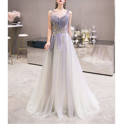 Spaghetti Strap Sweetheart Neckline Rhinestone Gradient Mesh A-Line Evening Gown