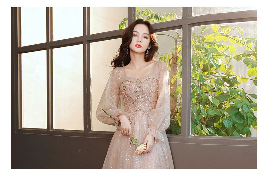 Embellished Designs) Neck Cocktail (Various Square Dress Mesh Long-Sleeve Glitter