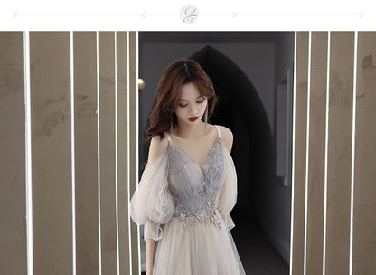 Gown 3/4-Sleeve A-Line Shoulder Rhinestone Floral Cold Evening