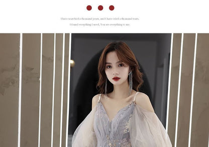 Gown 3/4-Sleeve A-Line Shoulder Rhinestone Floral Cold Evening