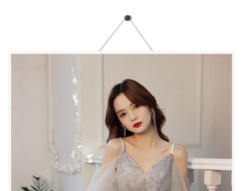 Gown 3/4-Sleeve A-Line Shoulder Rhinestone Floral Cold Evening