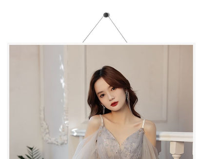 Gown 3/4-Sleeve A-Line Shoulder Rhinestone Floral Cold Evening