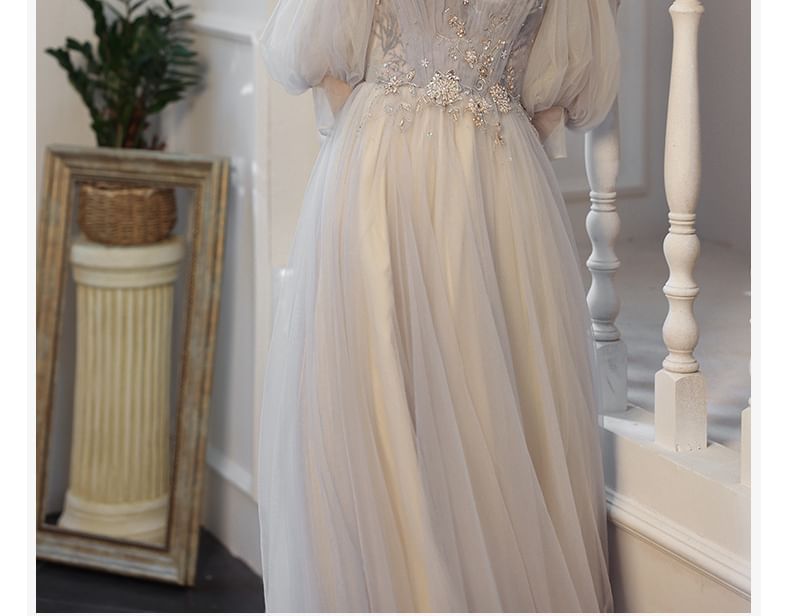 Gown 3/4-Sleeve A-Line Shoulder Rhinestone Floral Cold Evening