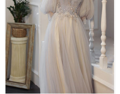 Gown 3/4-Sleeve A-Line Shoulder Rhinestone Floral Cold Evening