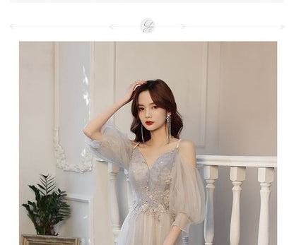 Gown 3/4-Sleeve A-Line Shoulder Rhinestone Floral Cold Evening