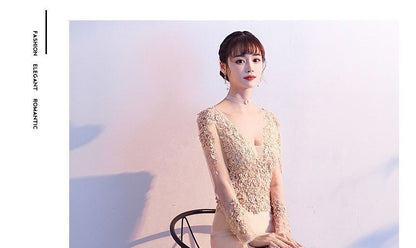 Mermaid Evening Long-Sleeve Lace V-Neck Gown