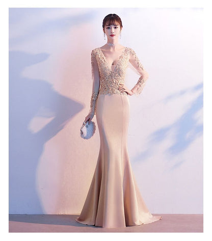 Mermaid Evening Long-Sleeve Lace V-Neck Gown