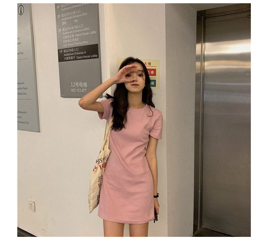Short-Sleeve Mini Plain Dress Neck Round T-Shirt