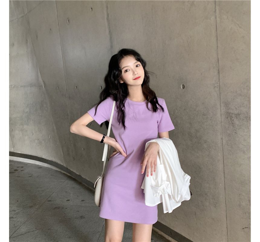 Short-Sleeve Mini Plain Dress Neck Round T-Shirt