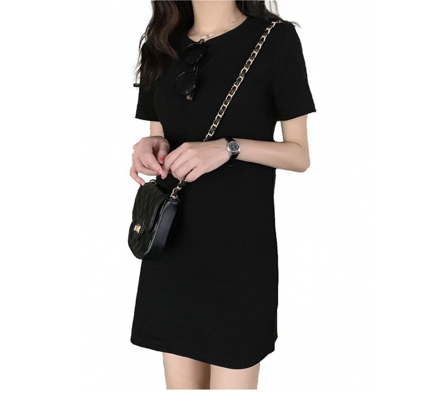 Short-Sleeve Mini Plain Dress Neck Round T-Shirt