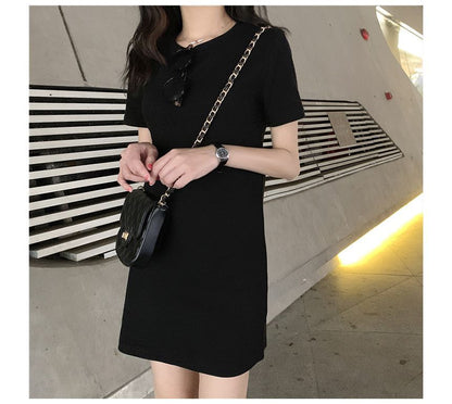 Short-Sleeve Mini Plain Dress Neck Round T-Shirt