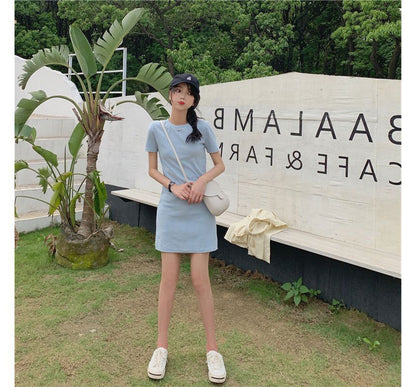 Short-Sleeve Mini Plain Dress Neck Round T-Shirt