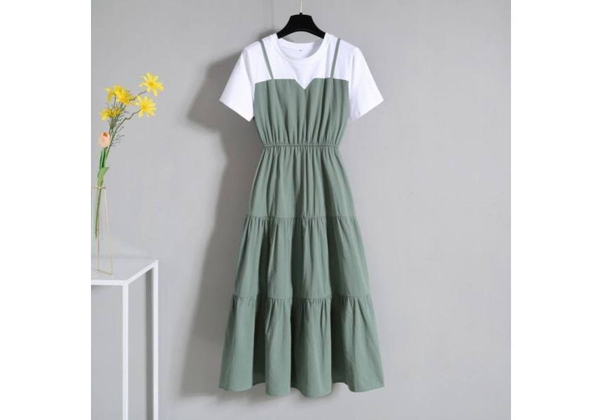 Midi Two-Piece Mock Round Neck Short-Sleeve Dress A-Line