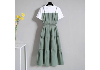 Midi Two-Piece Mock Round Neck Short-Sleeve Dress A-Line