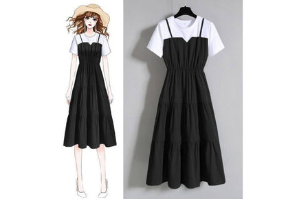 Midi Two-Piece Mock Round Neck Short-Sleeve Dress A-Line