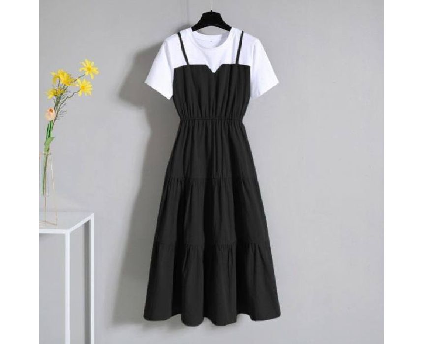 Midi Two-Piece Mock Round Neck Short-Sleeve Dress A-Line