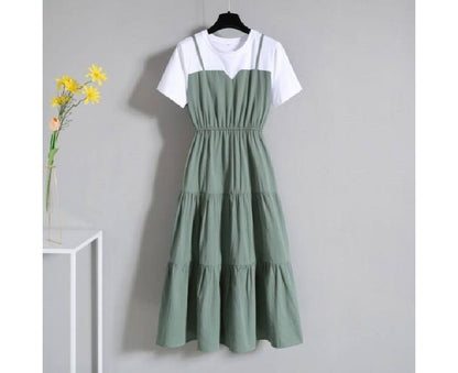 Midi Two-Piece Mock Round Neck Short-Sleeve Dress A-Line