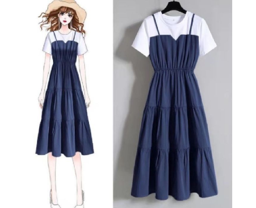 Midi Two-Piece Mock Round Neck Short-Sleeve Dress A-Line