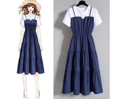 Midi Two-Piece Mock Round Neck Short-Sleeve Dress A-Line