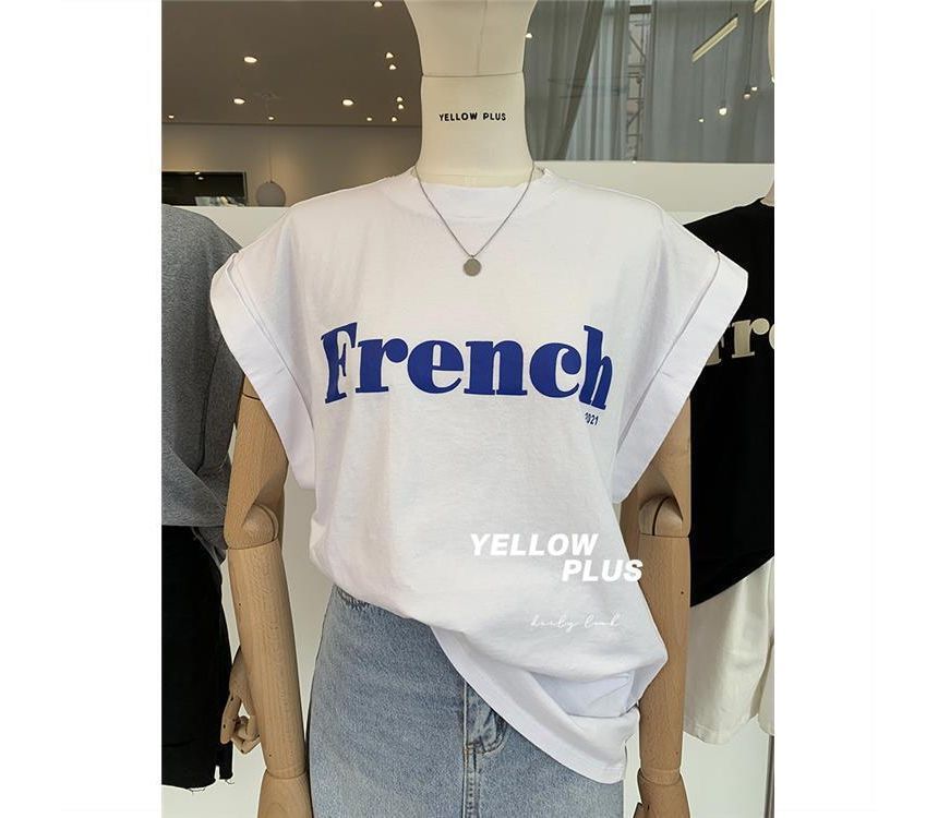 Neck Long Cap-Sleeve T-Shirt Round Lettering
