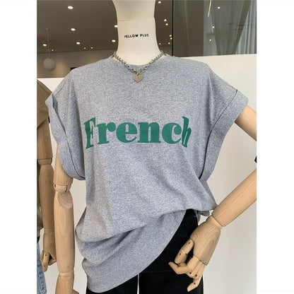 Neck Long Cap-Sleeve T-Shirt Round Lettering