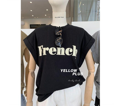 Neck Long Cap-Sleeve T-Shirt Round Lettering