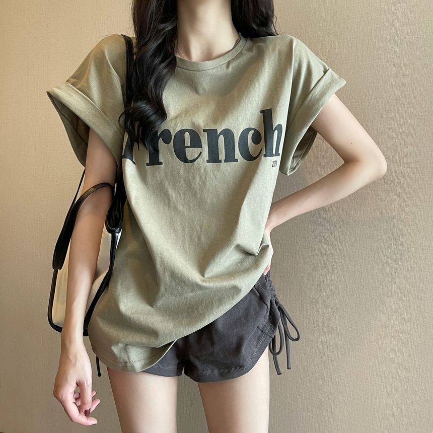 Neck Long Cap-Sleeve T-Shirt Round Lettering
