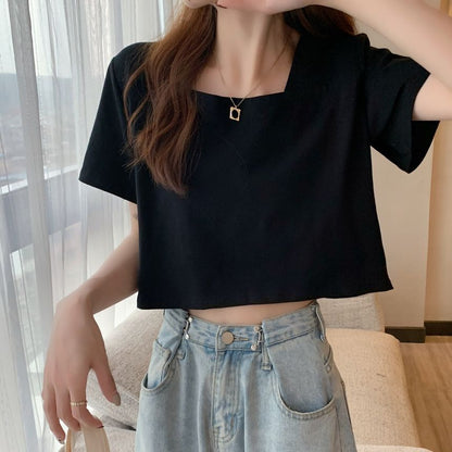 Square Short-Sleeve Cropped Plain Neck Blouse