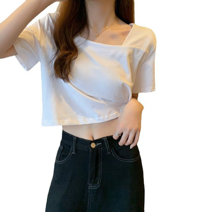 Square Short-Sleeve Cropped Plain Neck Blouse