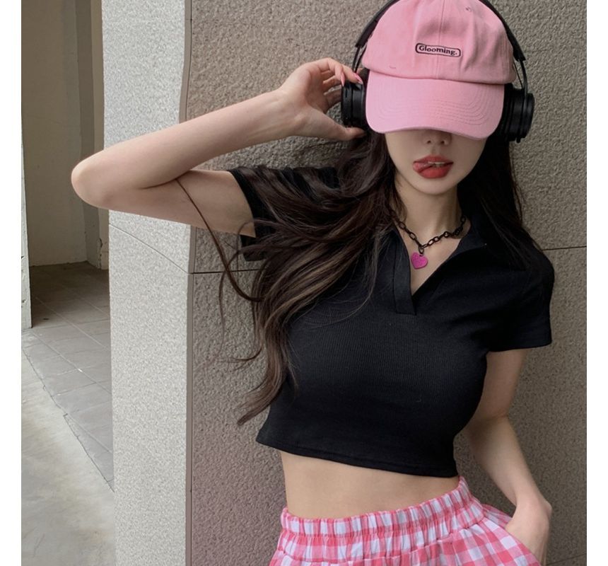 Short-Sleeve Plain Crop Top Polo