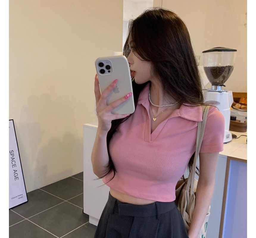 Short-Sleeve Plain Crop Top Polo