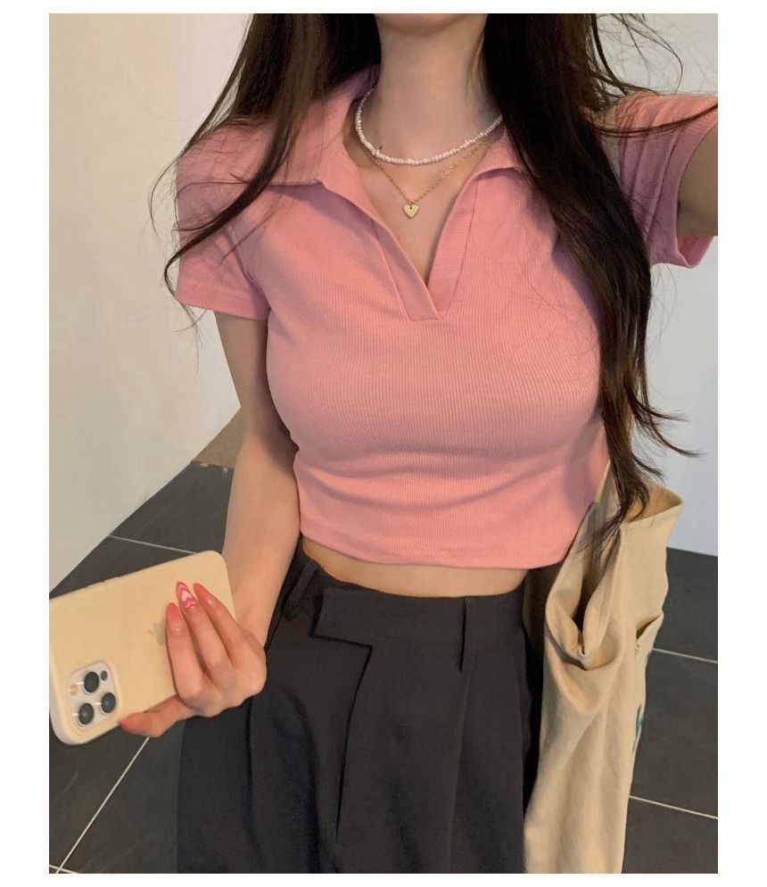 Short-Sleeve Plain Crop Top Polo