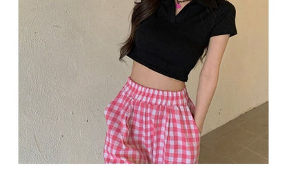 Short-Sleeve Plain Crop Top Polo