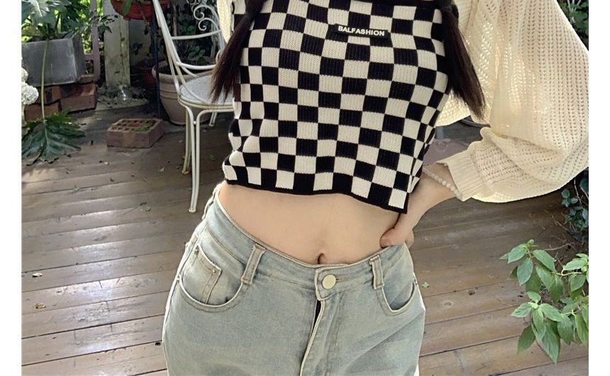 Checkerboard Knit Crop Camisole Top / Plain Pointelle Knit Open Front Bolero