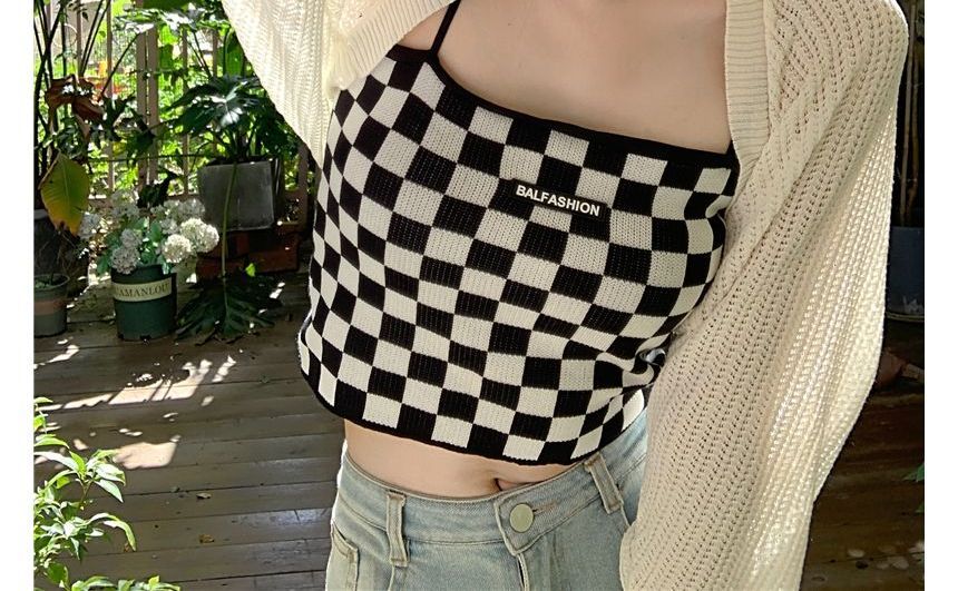 Checkerboard Knit Crop Camisole Top / Plain Pointelle Knit Open Front Bolero