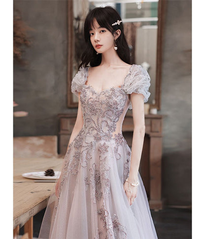 Cap-Sleeve Sequin Mesh A-Line Evening Gown