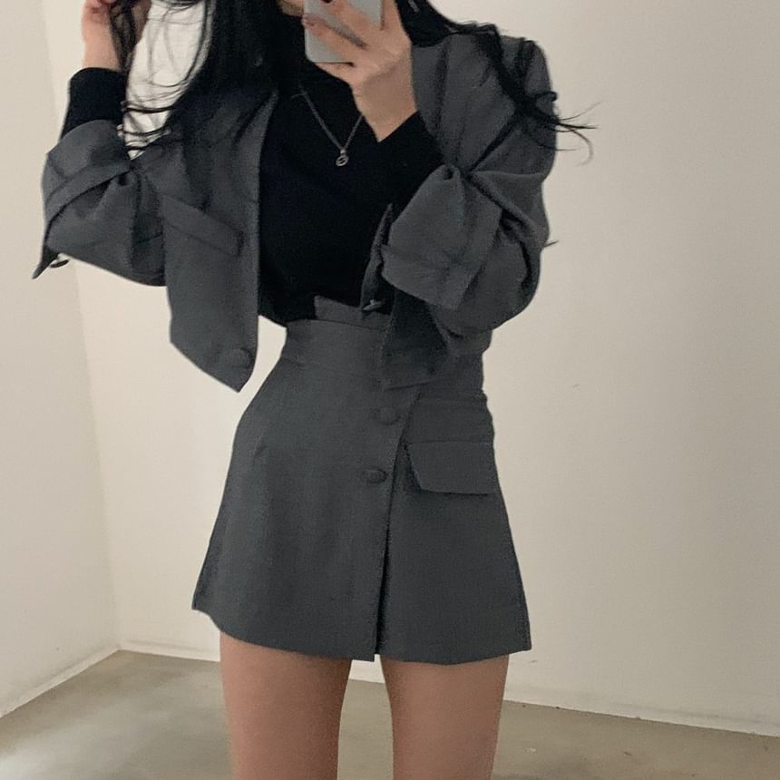 Set: Single-Button Cropped Plain Blazer + Buttoned Mini Skirt