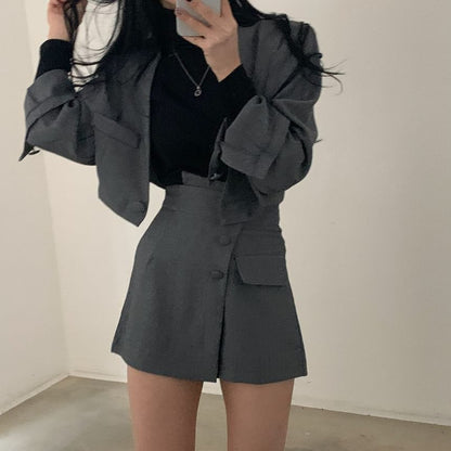 Set: Single-Button Cropped Plain Blazer + Buttoned Mini Skirt