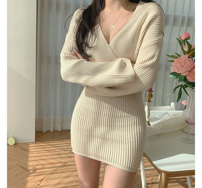 V-Neck Slim-Cut Rib-Knit Mini Dress