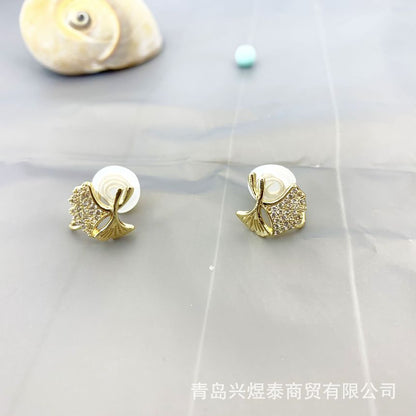 Earring Leaf Rhinestone Alloy