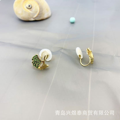 Earring Leaf Rhinestone Alloy