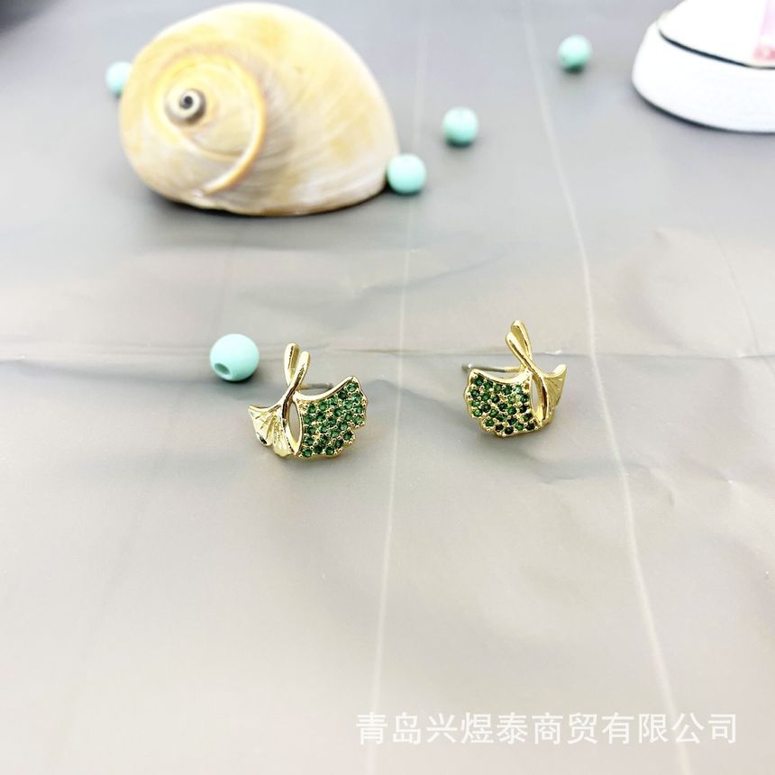 Earring Leaf Rhinestone Alloy