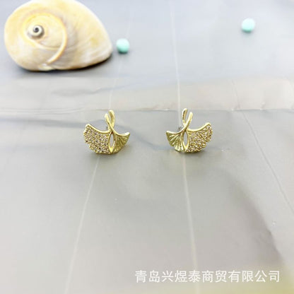 Earring Leaf Rhinestone Alloy