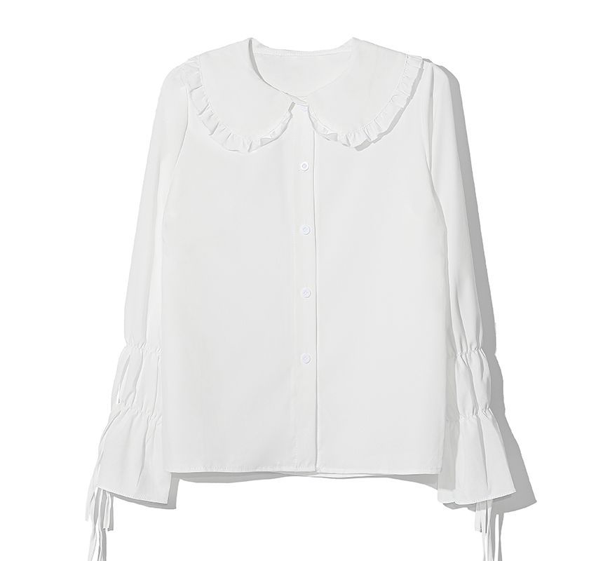 Long-Sleeve Plain Frill Trim Blouse