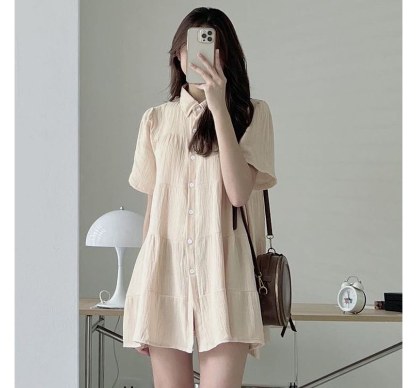 Short-Sleeve Plain Mini A-Line Shirt Dress