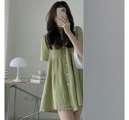 Short-Sleeve Plain Mini A-Line Shirt Dress