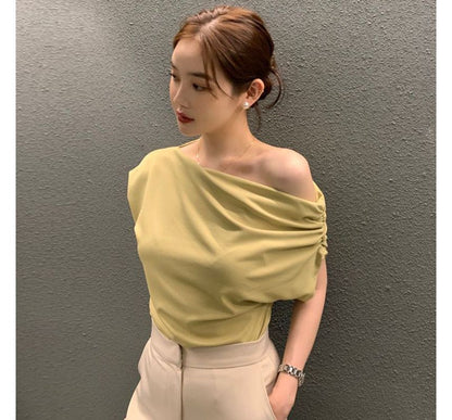 Cap-Sleeve Off-Shoulder Plain Asymmetrical Top