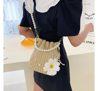 Bucket Pearl Faux Bag Woven Strap