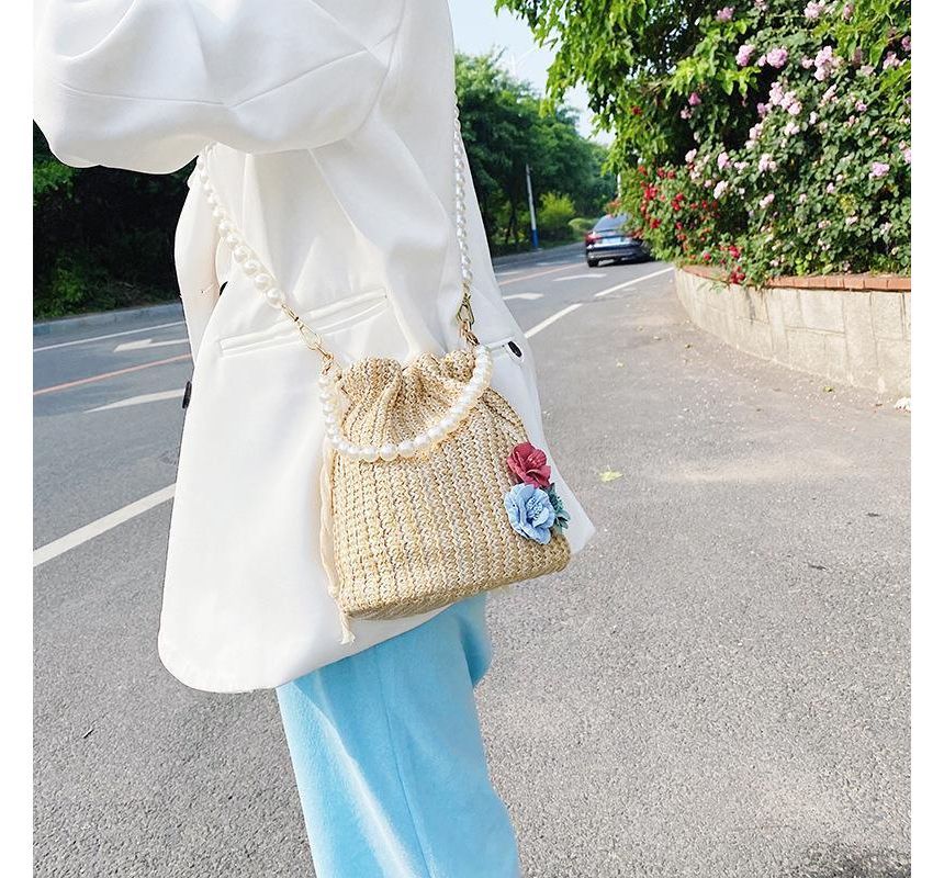 Bucket Pearl Faux Bag Woven Strap